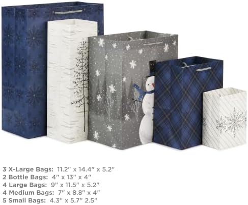 Hallmark Assorted Christmas Gift Bags Bulk - Snowflake, Tree, Snowman, Plaid (18 Gift Bags: 5 Small 5", 4 Medium 8", 4 Large 11", 3 XL 14", 2 Bottle Bags) for Holiday Parties, Hanukkah, Weddings