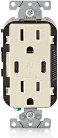 Leviton T5637-T 30W (6A) USB Dual Type-C/C in-Wall Charger with 15A Tamper-Resistant Outlet, USB Charger for Smartphones and Tablets, Not for Laptops, Light Almond