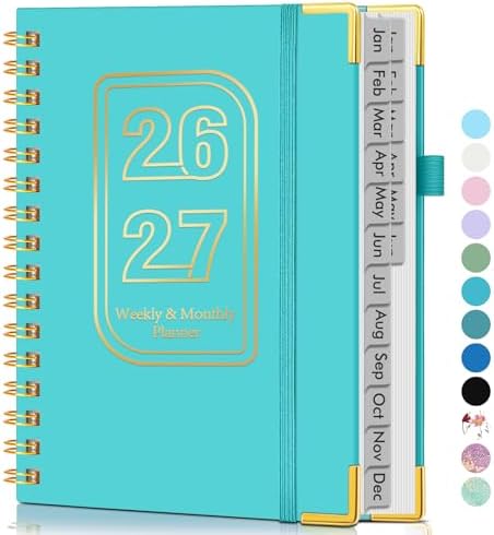 Academic Planner 2026-2027, Weekly and Monthly Hardcover Planner, July 2026 - June 2027, 5.75" x 8.38" A5 Large Daily Calendar Planner Book with Tabs, Spiral Yearly Agenda Organizer Notebook for School Work Home, Aquamarine