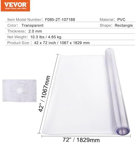 VEVOR Plastic Table Cover, 42 x 72 Inch 2.0 mm Thick Clear Rectangle PVC Desk Mat Protector, Waterproof & Easy Cleaning Desk Pad Tablecloth, for Office, Dresser, Dining Room, Night Stand