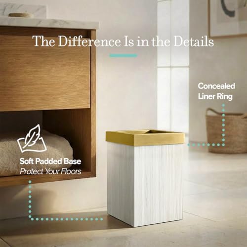 Gatco Small Bathroom Trash Can with Lid, Square 3 Gallon Wastebasket, Under Sink, White Oak with Brushed Brass, for Bathroom, Bedroom, Office (1936B)