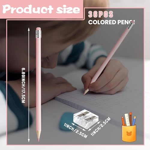 36 PCS Macaron Pink Colored Pencils with Eraser Pre Sharpened Pencil 2 HB - Ideal for Checking, Grading, Tests & Office/School Supplies
