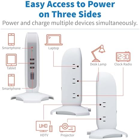 Tripp Lite TLP66USB Surge Protector Tower with USB Ports, 1200 Joules, 5-Outlets, 3 USB Ports, 6ft Heavy-Duty Braided Extension Cord, Desk Charging Tower, Dorm Essentials, Tower Power Strip with Surge