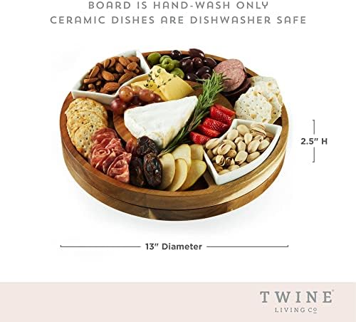 Twine Rotating Wood Serving Board - Round Charcuterie Board - Lazy Susan Wooden Cheese Board Set with Ceramic Dishes - Set of 1