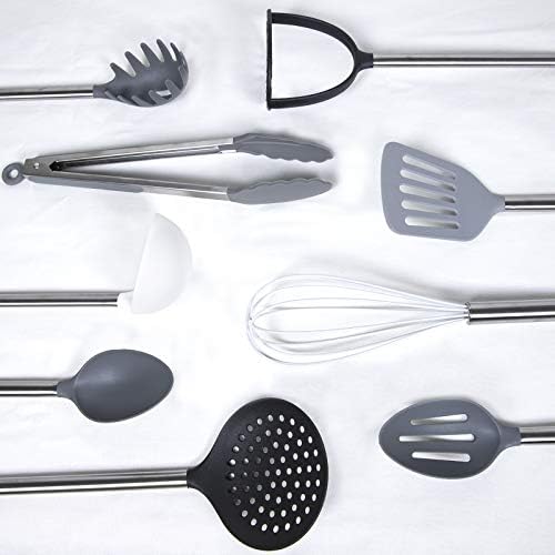 Cook With Color 10 Piece Nylon Cooking Utensil Set with Holder, Kitchen Tools and Gadgets with Rounded Copper Handles (Ombre Grey)