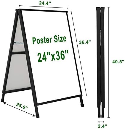 Heavy Duty A-Frame Sidewalk Sign 24 x 36 Inch, Portable Double-Sided Sandwich Board Slide-in Folding Metal Signboard with 2 Plastic Poster Boards
