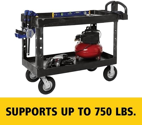 Rubbermaid Commercial Products BRUTE Heavy Duty 2-Shelf Utility/Service Cart, Pneumatic Casters, Medium, Lipped Shelves, Ergonomic Handle, 750 lb Capacity, Black, for Warehouse/Garage/Cleaning/Office