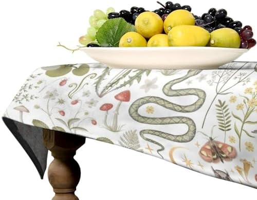 Country Forest Tablecloth, Wild Animal Hare Squirrel Owl Snake Snail Flowers Mushroom Table Cover for Tea Party Weddings Indoor Outdoor Dining 55x55in