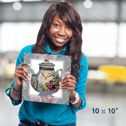 3dRose Wall Clock Silent - 10 inch - Victorian Flower Teapot On Blue Pink Floral Background - Victorian Images