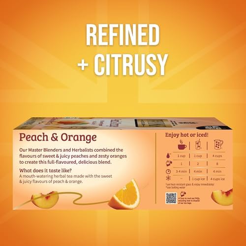 Twinings Peach & Orange Herbal Tea Individually Wrapped Bags, 100 Count (Pack of 1), Juicy & Fruity, Naturally Caffeine-Free, Enjoy Hot or Iced, 100 Teabags