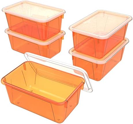 Storex Small Cubby Bins – Plastic Storage Containers for Classroom with Non-Snap Lid, 12.2 x 7.8 x 5.1 inches, Tint Orange, 5-Pack (62485A05C)