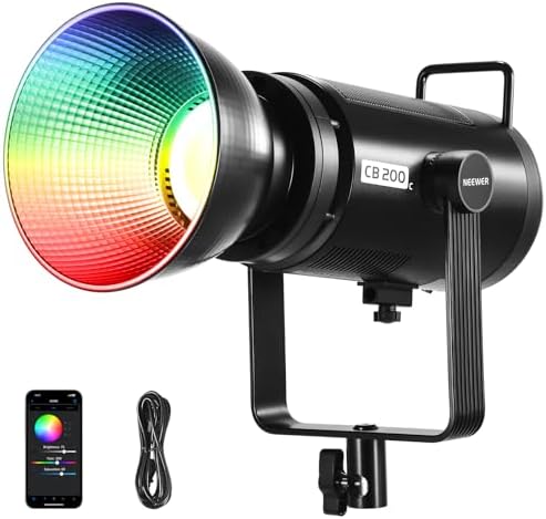 NEEWER CB200C 200W RGBWW COB LED Video Light, APP/2.4G 360° Color 2500K-7500K (Duv±0.0003) 23000lux/m Bowens Metal Shell Silent Continuous Output Lighting TLCI/CRI97+ for Photography Video Recording