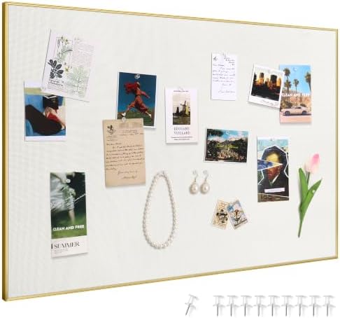 SELEAD Linen Bulletin Board 30” x 20” - Golden Aluminum Frame, Beige Fabric
