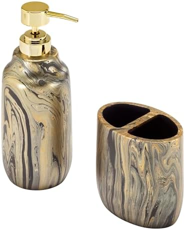 Nicole Miller - Bathroom Set, 2pc Resin Accessories, Toothbrush & Lotion Pump/Soap Dispenser, Dorm Room Essentials (Harper Collection, Black/Gold)