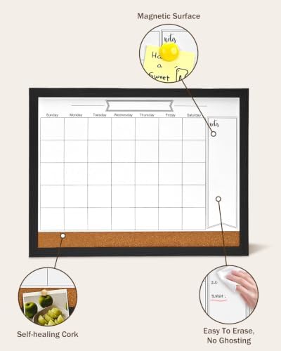 Dry Erase Calendar Whiteboard for Wall, Magnetic 13" x 17" Combination Dry Erase Board & Bulletin Board, 2in1 White Board Cork Board Combo(Black)