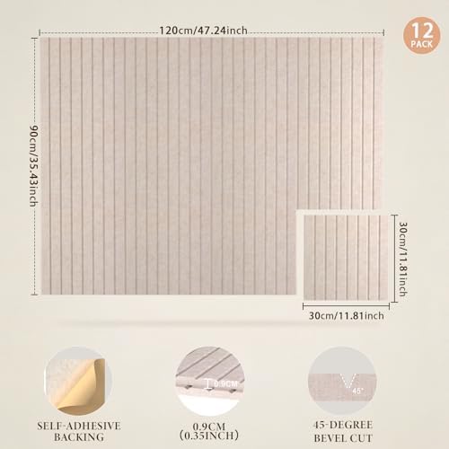 JBER Felt Bulletin Board 48" x 36", 12 Pack Felt Wall Tiles, Light Camel