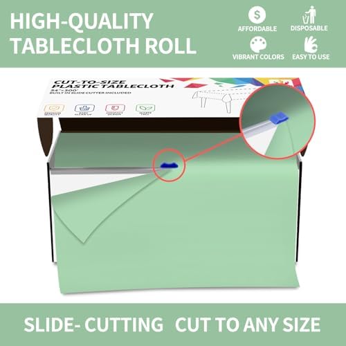 CXPSINC 54 Inch X 300 Feet Plastic Table Cover Roll Disposable Tablecloth with Slide Cutter for All Type/Shape Tables | Party, Banquet, Birthdays, Weddings(Sage Green, 300 Feet)