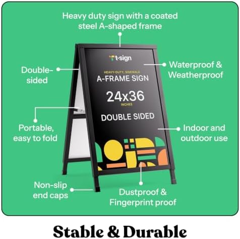 T-SIGN Outdoor A-Frame Sidewalk Sign 24x36 Inch Sandwich Board, Black Coated Steel Metal Double-Sided, Heavy Duty Slide-in Folding Frame Sign Holder, 2 Corrugated Plastic Poster Boards, Display Stand
