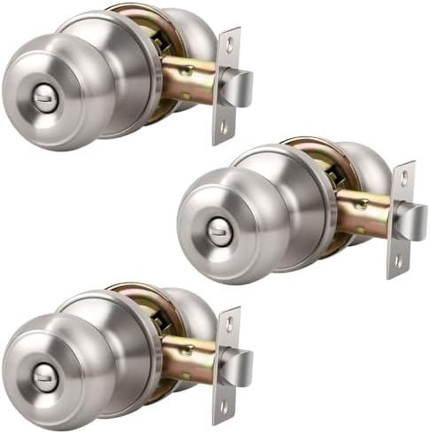 KNOBWELL 3 Pack Privacy Door Knob with Lock in Brushed Nickel Finish for Bedroom and Bathroom, Indoor Security Door Handle with Privacy Lock, Satin Nickel Interior Door Knobs