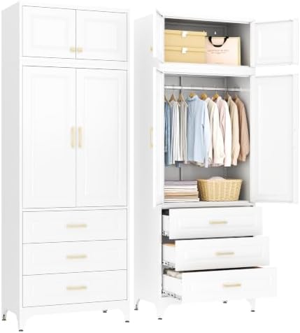 SteeLoong 86" Metal Wardrobe Cabinet,Armoire Wardrobe Closet with 3 Drawers
