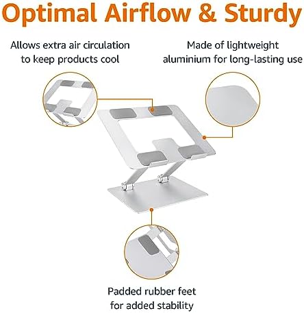 Amazon Basics Sturdy and Portable Ergonomic Laptop Stand for Desk,Height Adjustable Riser with Ventilated Cooling,Foldable,Fits All Laptops up to 17.3 Inch,Silver,10 x 8.7 x 6 in,(Pack of 12)