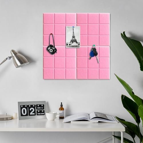 6 Packs Pink Cork Board Felt Board Tiles, Bulletin Board 12"X12" with 30 Push Pins, Felt Board for Home Kitchen Office Decor, Self-Adhesive Corkboard Tiles for Walls School Message Display Board