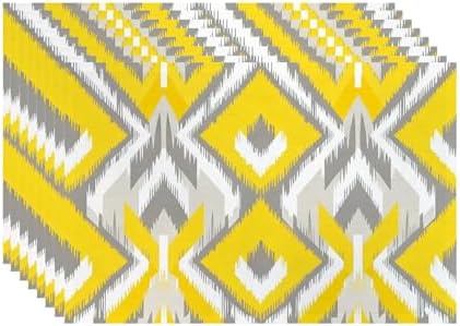 Batmerry Yellow and Gray Retro Ikat Pattern Linen Placemats Set of 8, Geometric Washable Table Mats for Kitchen Table Thickened Heat Insulation Dining Set Indoor Outdoor 12X18 in