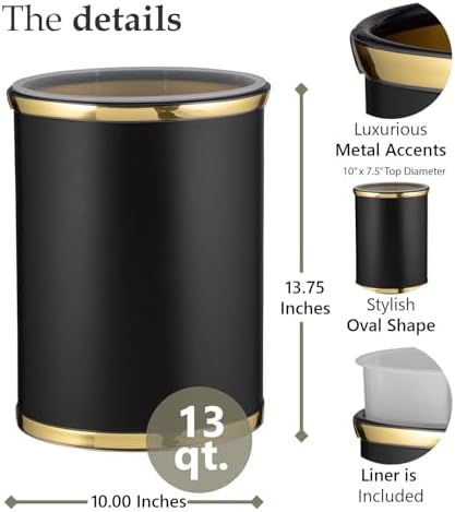 Kraftware Sophisticates Oval Wastebasket with Plastic Liner, Adding Classic Style to The Bathroom and All Other Rooms in The Home or Office, 13 Quart Capacity, Black with Gold Trim