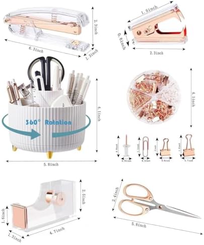 Gawsey Rose Gold Desk Organizers and Accessories with Desk Organizer 360° Rotating Pen Holder and Office Supplies, Cute Stationery Supplies Set