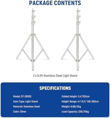 NEEWER 2Pcs 9.2ft Stainless Steel Light Stands, Spring Cushioned Heavy Duty Photography Tripod Stand with 1/4"-3/8" Adapter for Strobe Video Ring Light Monolight Softbox, 22lb Max Load, ST-280SS