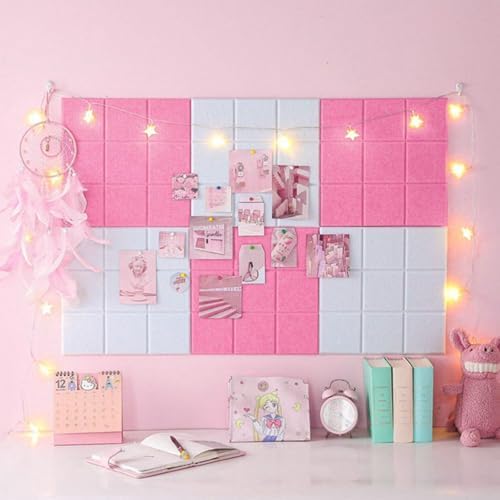 6 Packs Pink Cork Board Felt Board Tiles, Bulletin Board 12"X12" with 30 Push Pins, Felt Board for Home Kitchen Office Decor, Self-Adhesive Corkboard Tiles for Walls School Message Display Board