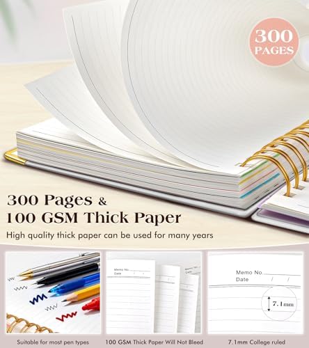 Spiral Notebook Journal with Removable Dividers Tabs, 300 Pages Hardcover Leather 5 Subject College Ruled Notebook, 6.1"x8.2" Large A5 Lined Journal for Women Men Spiral Notebook for Work School,Beige