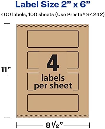 Avery® Kraft Brown Rectangle Labels, Sure Feed® Technology, 2" x 6", 400 Kraft Brown Labels, Print-to-The-Edge, Laser/Inkjet Printable