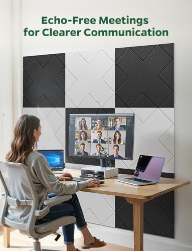 Decorative Acoustic Soundproof Walls Panels for Room, 12 Pack Blcak Self Adhesive Sound Absorbing and Noise Reducing Tiles for Studio, Bedroom, Home Office, Ceiling, Pared, 12"x12"x0.4"