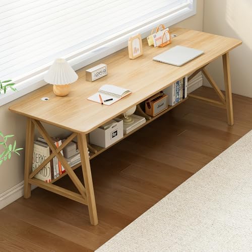 NELYE Extra Long Writing Desk with Bookshelf, 71" Wx24 Dx30 H, Oak