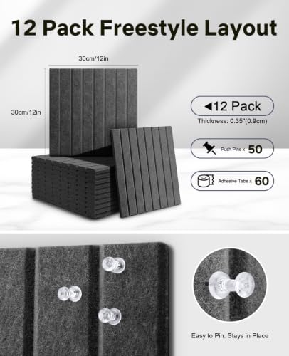 48" x 36" Large Cork Bulletin Board Tiles, Peel and Stick Felt Wall Panels for Vision, Message Center, Picture and Prayer Board for Office, Dorm, Room and Desk Decor(Charcoal Gray)