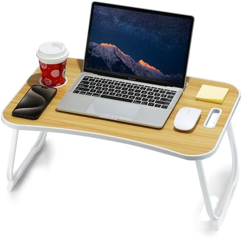 ZEAPTAC Laptop Bed Desk, Foldable Lap Desk, Portable Lap Table, Laptop Stand with Cup Holder, Tablet Slot & Lifting Handle for Work, Write, Draw & Eat on Bed, Sofa or Couch - Wood