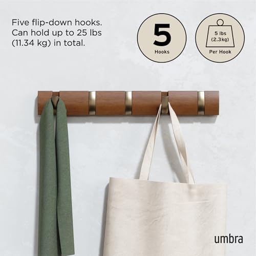 Umbra Flip Coat Rack, Wall Mounted 5-Hook Space Saving, Walnut/Gold
