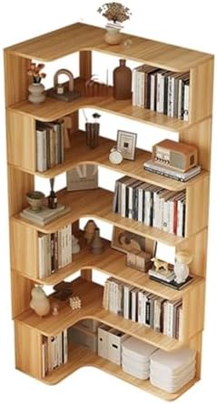 Vertical Wall Corner Shelf with Open Back 7-Shelf Wood Corner Bookshelf Floor Book Rack Multi-Layer Storage Shelf Against the Wall Bookcase Light Walnut 35" L x 24" W x 75" H