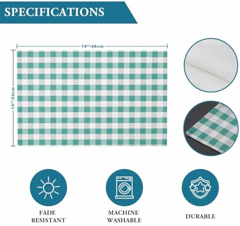 Rustic Green White Buffalo Check Plaid Pattern Placemats Set of 4, Farmhouse Heat Resistant Washable Table Place Mats Cotton Table Linens Party Holiday Decor for Kitchen Dining Outdoor Indoor