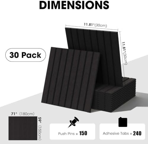 Large Cork Board for Walls 71" x 59",30 Pack 12"X12"Felt Bulletin Board Tiles with 240 Adhesive Tabs,Cork Board Alternative for Office Decor, Push Pin Board Wall Organizer- Black