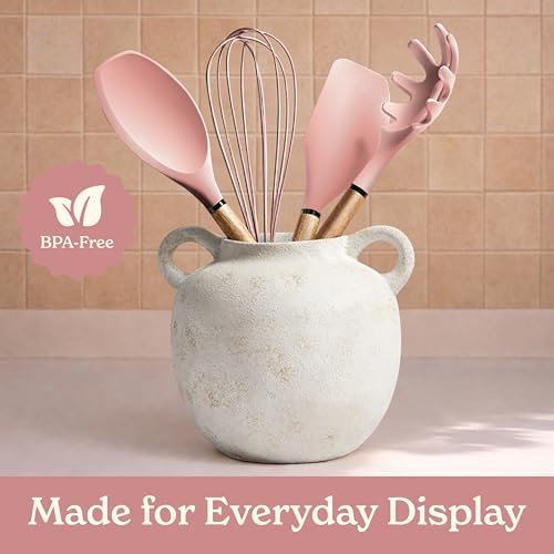 Country Kitchen Non Stick Silicone Utensil Set with Rounded Wood Handles for Cooking and Baking, 8 Piece Set, Pink