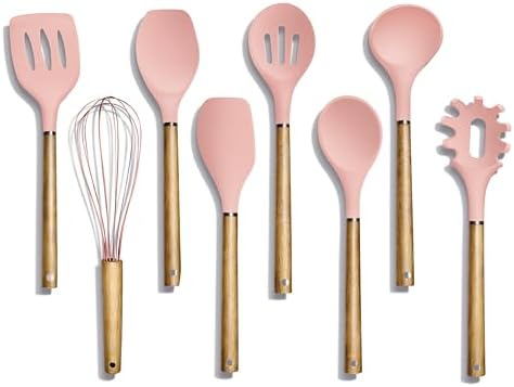 Country Kitchen Non Stick Silicone Utensil Set with Rounded Wood Handles for Cooking and Baking, 8 Piece Set, Pink