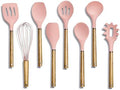 Country Kitchen Non Stick Silicone Utensil Set with Rounded Wood Handles for Cooking and Baking, 8 Piece Set, Pink