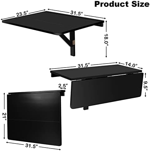 COSTWAY Wall Mounted Folding Table, 31.5" x 23.5" Drop-Leaf Floating Writing Desk for Small Spaces, Space-Saving Fold Down Laptop Workstation for Kitchen, Bedroom, Laundry Room, Study Room (Black)