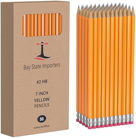 Bay State Importers #2 HB Pencils Bulk 50 Pack | Pre-Sharpened Yellow Wood Pencils with Erasers, Smooth Writing for School, Classroom, Teachers, Office, Exams & Drawing