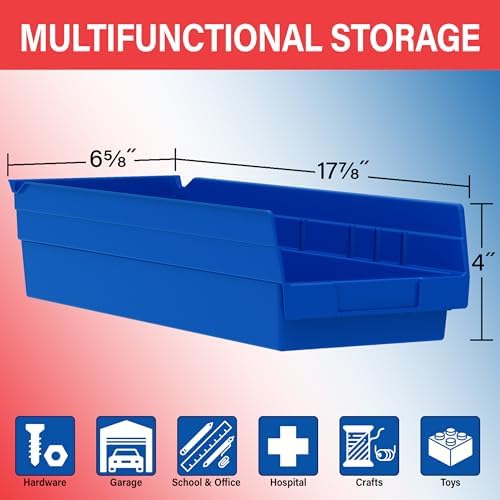 Akro-Mils 30138 Heavy Duty Plastic Shelf Bins, 18"x 6.5"x 4", Blue, 12-Pk