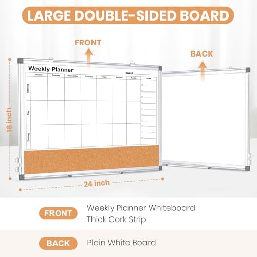 Weekly Dry Erase Calendar Whiteboard for Wall, 24" x 18" Cork Week Planner