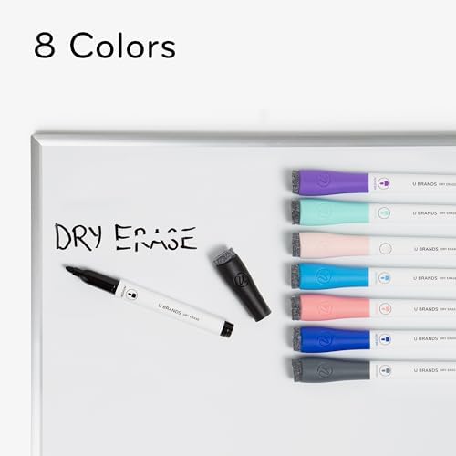 U Brands Fine Tip Dry Erase Markers with Eraser, Low Odor Whiteboard Markers Fine Tip, Assorted Bright Colors, Set of 8