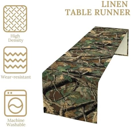 Forest Camouflage Table Runner, Camo Conifer Oak Branches Leaves Military Mossy Lodge Country Camp Cabin Theme Dinner Table Runner for Home Kitchen Dining Table Decoration 13"x70"